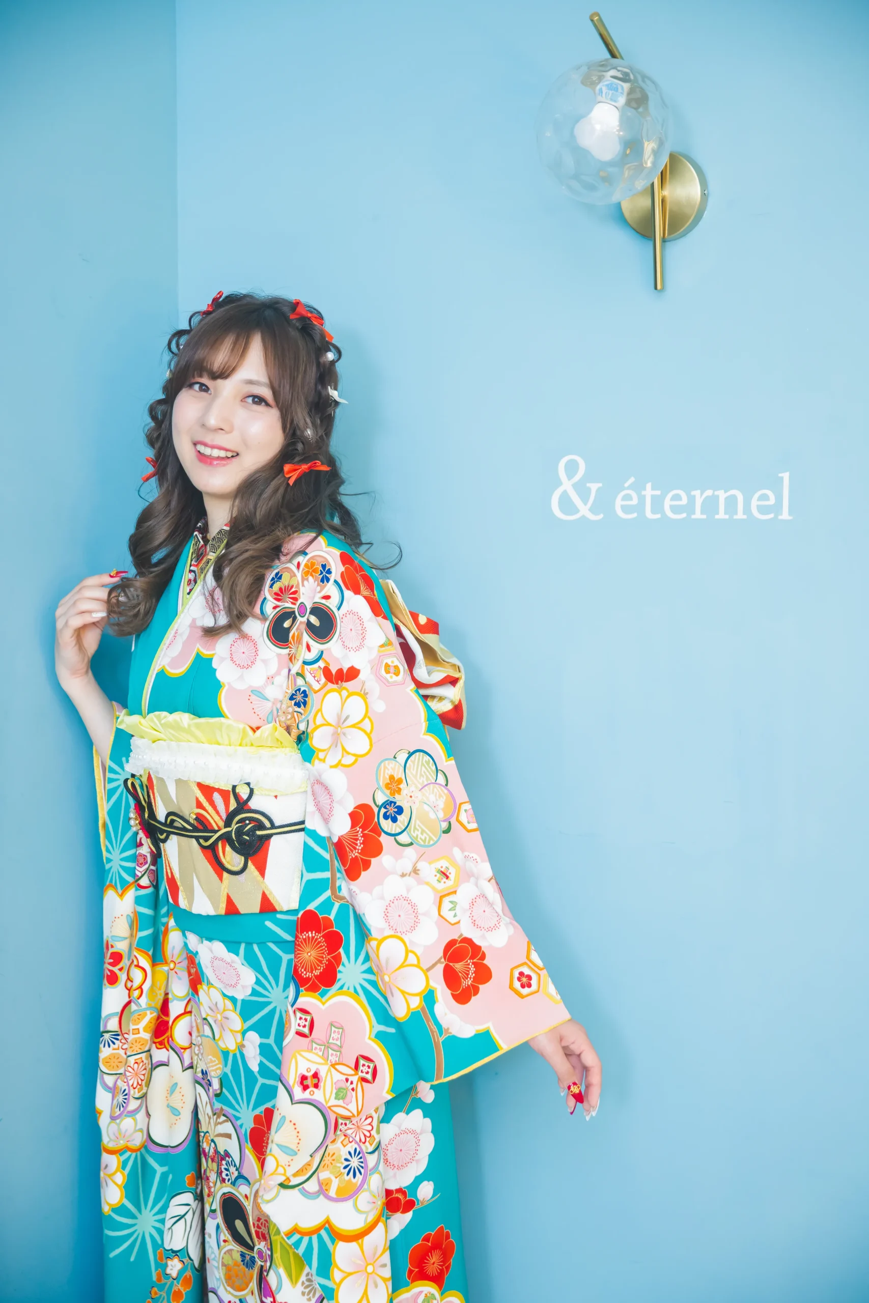 明るく可愛いエメラルドグリーン振袖｜成人式振袖レンタルPLUM 岐阜・一宮