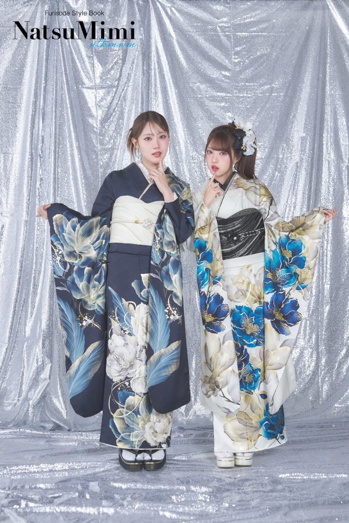 インフルエンサーみなみちゃん着用の白地振袖。白を基調にブルーの大輪花柄をあしらった、洗練されたモダンで透明感のある成人式・前撮り向け振袖スタイル。